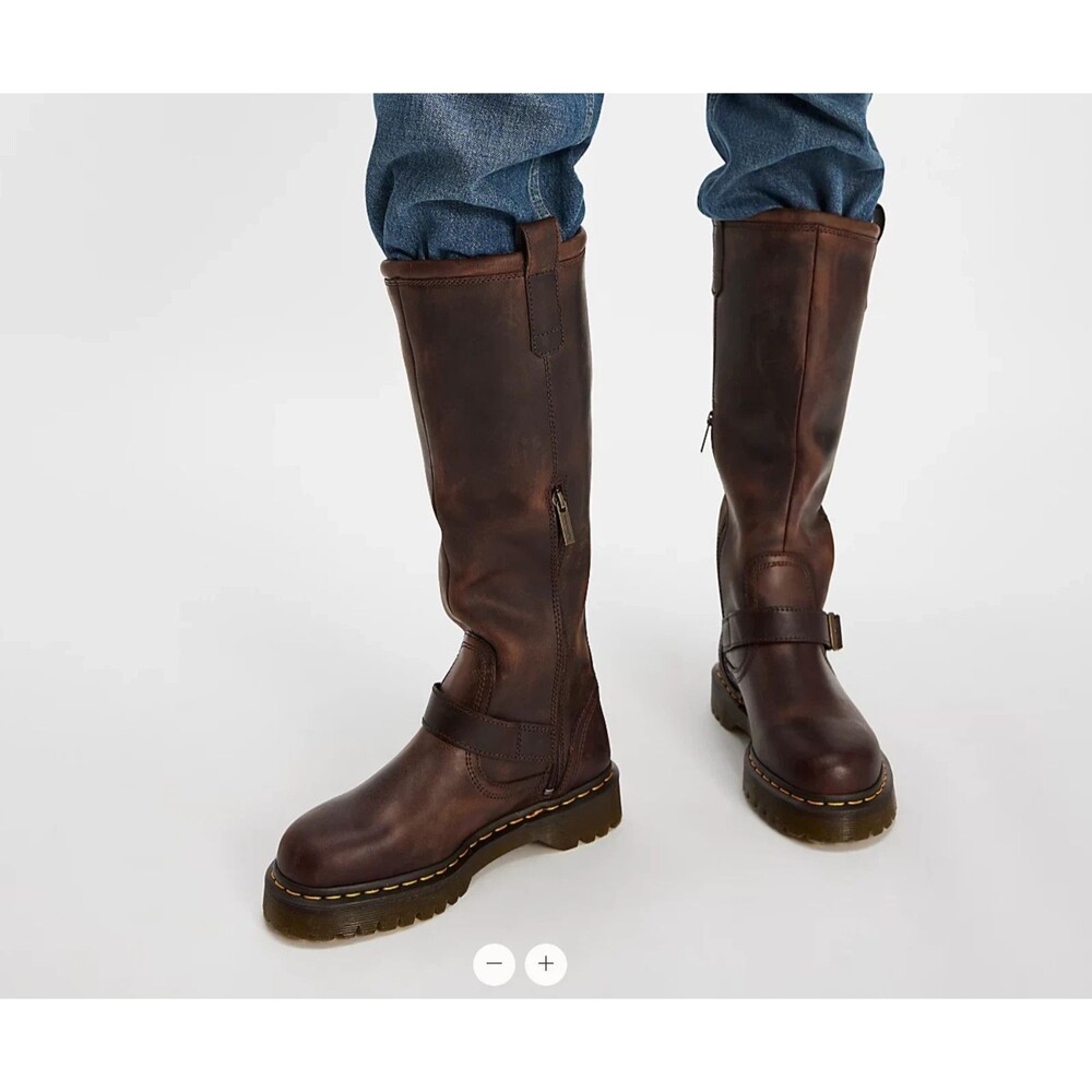 DR. MARTENS ANISTONE CRAZY HORSE BROWN KNEE HIGH LEATHER BIKER BOOTS $290 US 10